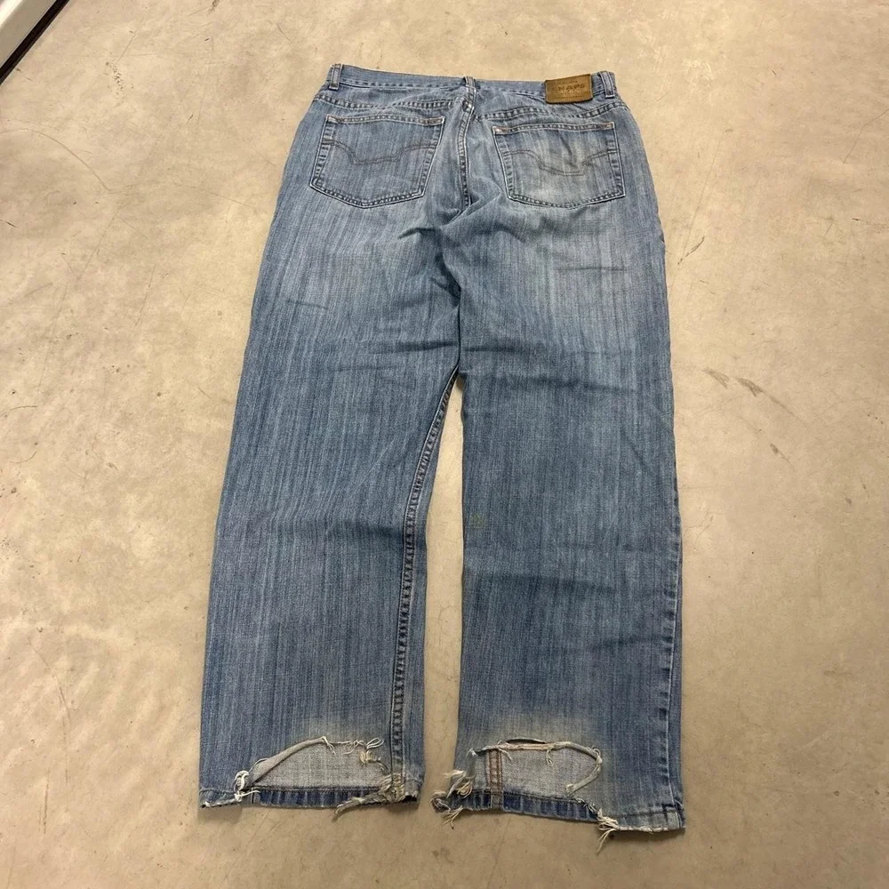 Y2K Dark Wash Grunge Style Wide Leg Relaxed Fit Bootcut Distressed Jeans
